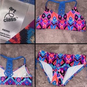 Art Class Blue pink purple gold tribal design swim bikini braided back tassels